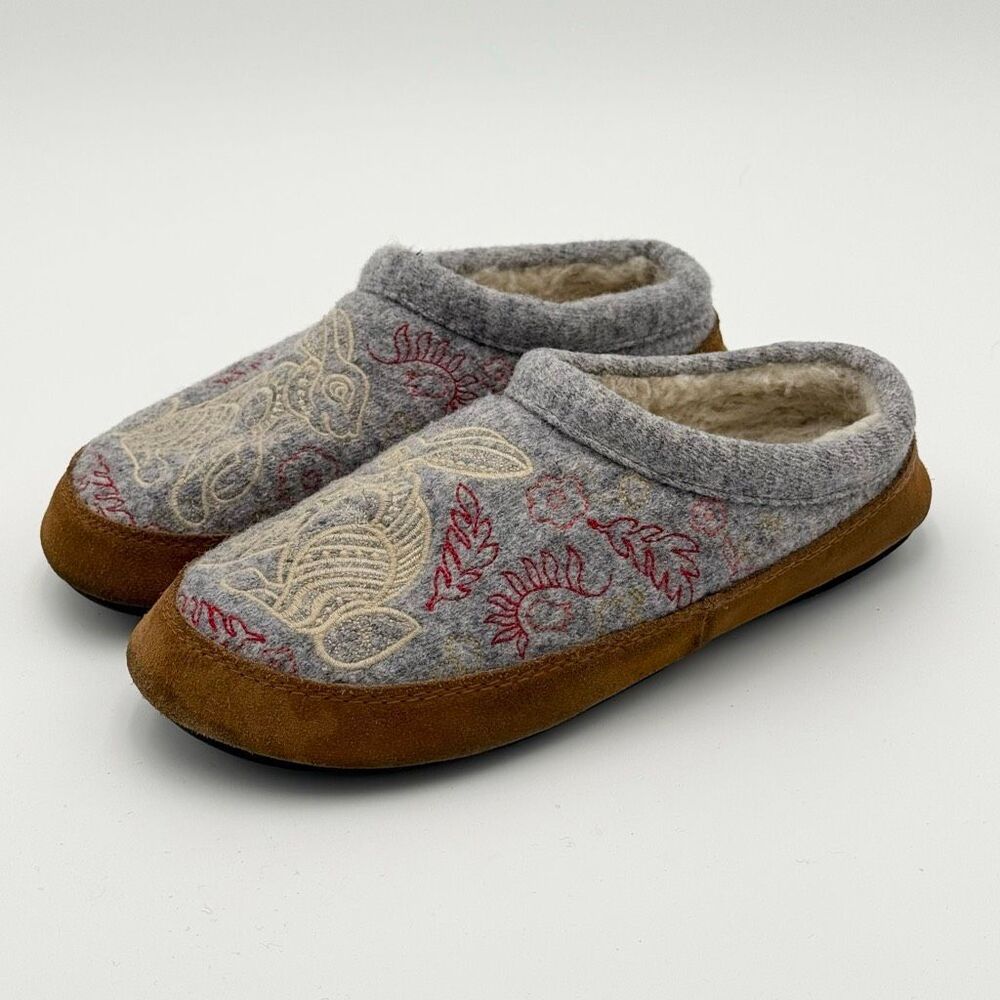 Acorn Women's Forest Mule Slippers in Heather Grey Hare Embroidered Wool Slip On